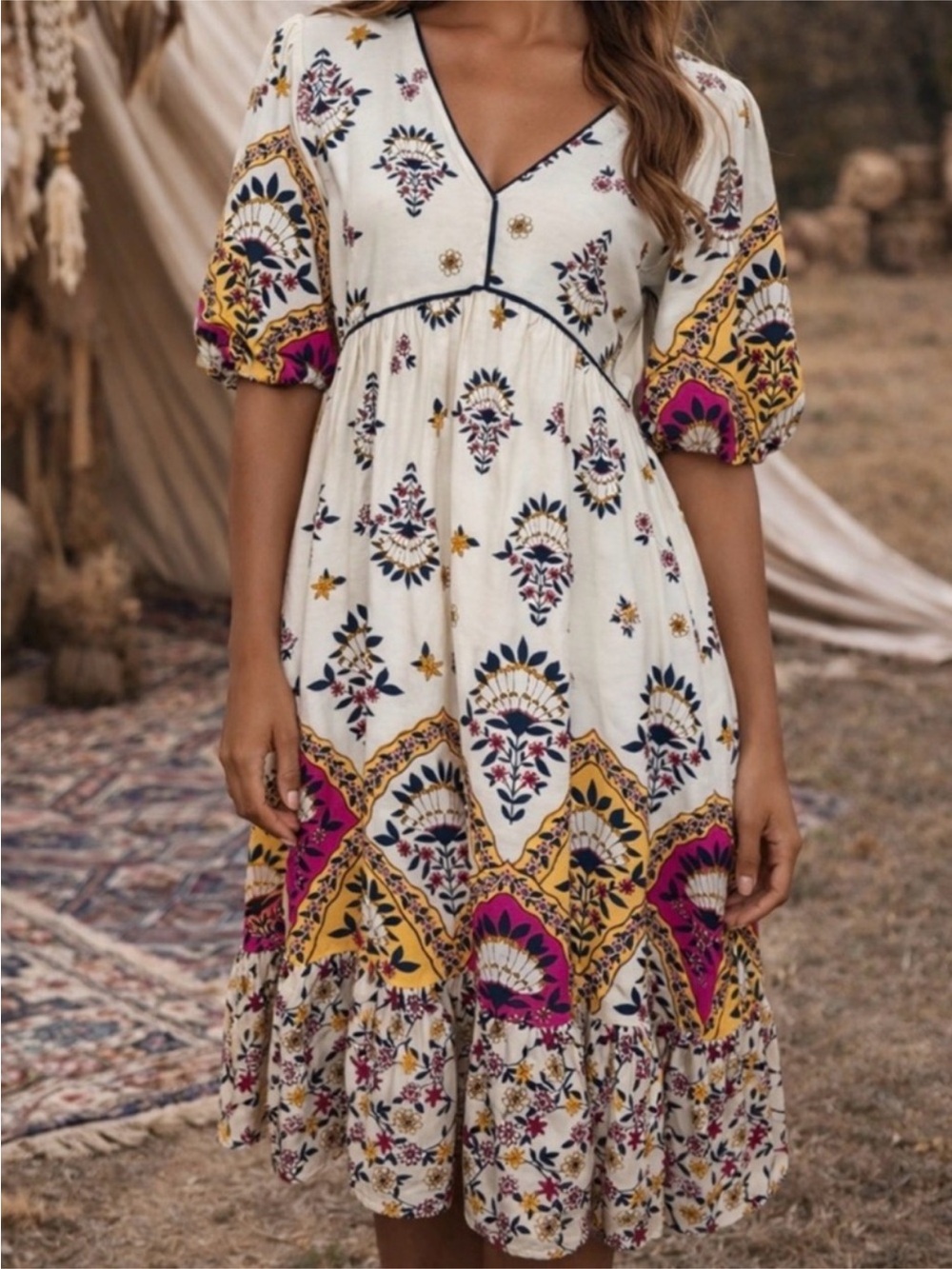 Fig & Flower NWT size Small Pippa Midi Dress Linen Blend Boho Puff Sleeves